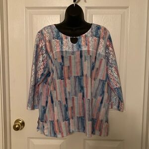 Alfred Dunner Blue and Pink Blouse with 3/4 Sleeves